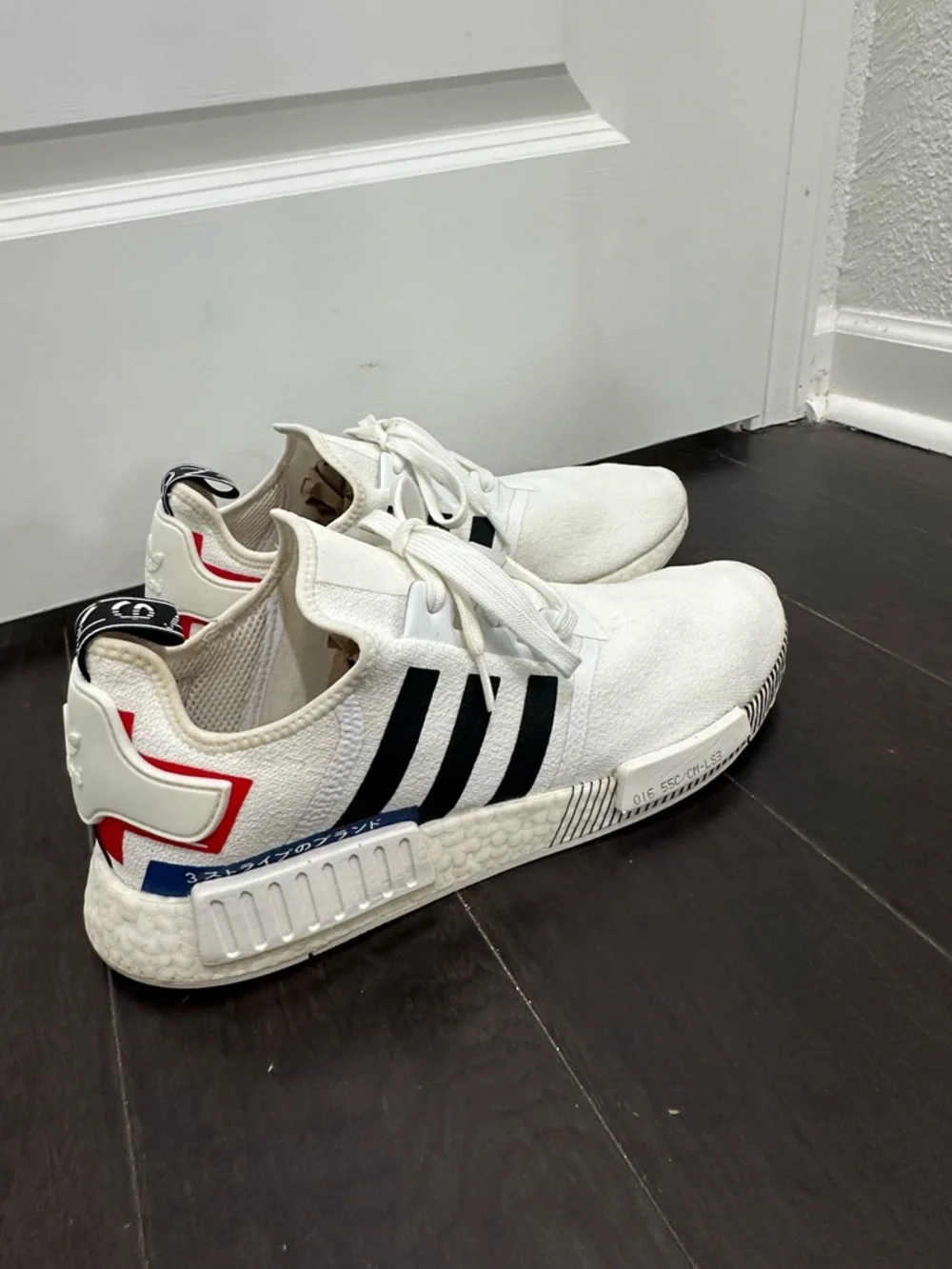 adidas White NMD R1 with Black Stripes and Red/Blue Accents SZ 14